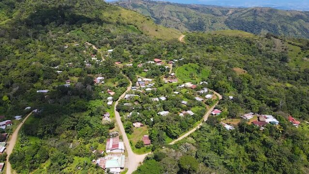 Aerial drone shot from the land of the Boruca community in Costa rica. Backward movement.
