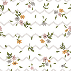 Cute Seamless pattern with beautiful flower on striped zigzag background, design for scrapbooking, decoration, cards, paper goods, background, wallpaper,textile, wrapping, fabric and more