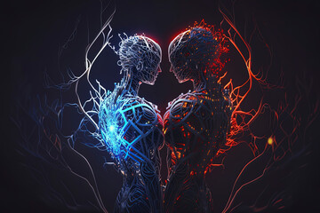 Naklejka premium the embrace of two lovers, pose of humanoid female and boy, neural network suit, bionic neural thinking