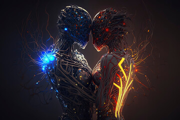 the embrace of two lovers, pose of humanoid female and boy, neural network suit, bionic neural thinking