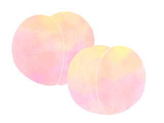 Ripe peach fruit and cut fruit watercolor illustration with cute hand -drawn / 熟した桃の果実とカットフルーツ かわいい手描きの水彩イラスト