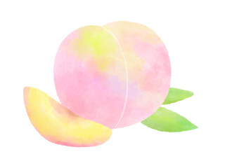 Ripe peach fruit and cut fruit watercolor illustration with cute hand -drawn / 熟した桃の果実とカットフルーツ かわいい手描きの水彩イラスト