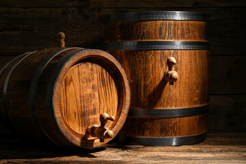 Oak barrels on wooden background