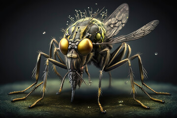 Fototapeta premium drooling aedes aegypti with goggles, dark gradient background, faint yellow light