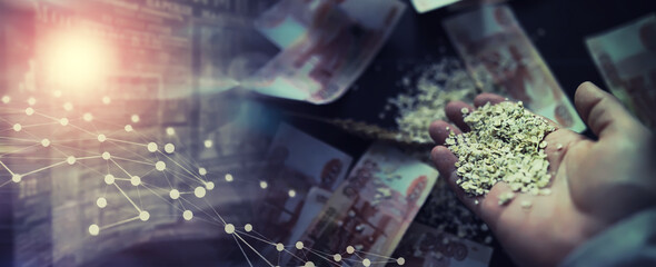 The concept of the cost of grain. 5000 ruble banknotes around a handful of ground grain. World...
