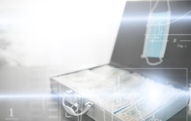 A metal suitcase filled with American 100 dollar bills. Double exposure. Investment, bribe, corruption concept.