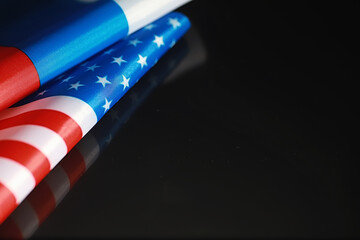 The concept of diplomatic relations. Flag of the United States of America and the Russian...