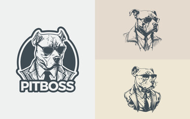 Fototapeta na wymiar Illustrations Set of a Pitbull wearing a suit and glasses formed in a line art style in a vintage theme