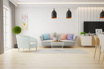 Living room interior wall mockup in warm tones with beige linen sofa, dried Pampas grass, woven table  decoration on empty wall background. 3D rendering, illustration. Generative AI