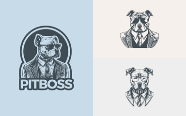 Illustrations Set of a Pitbull wearing a suit and glasses formed in a line art style in a vintage theme