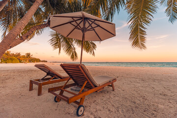Amazing beach. Couple chairs on sandy beach sea. Luxury summer holiday and vacation resort hotel for tourism. Inspire love tropical landscape. Tranquil calming relax beach, beautiful landscape design