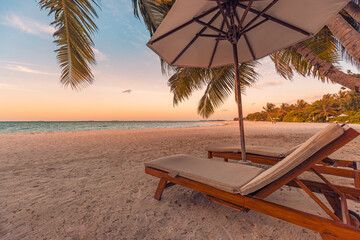 Amazing beach. Couple chairs on sandy beach sea. Luxury summer holiday and vacation resort hotel for tourism. Inspire love tropical landscape. Tranquil calming relax beach, beautiful landscape design