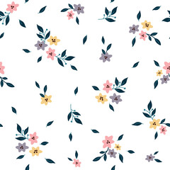Seamless Pattern with Flower and Leaves. Ditsy print. Floral pattern on white background. Design for fashion prints, textile, background, wallpaper, wrapping, fabric and more