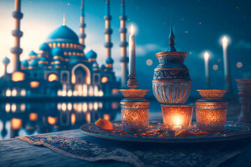 A blue moon and a candle holder with a blue mosque islamic background - obrazy, fototapety, plakaty