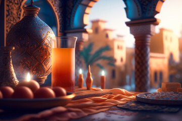 A table with a cup of orange juice and a plate of eggs.