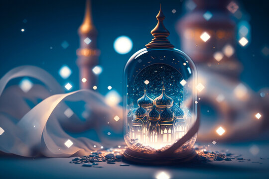 A lantern hanging from a street in a city Islamic background