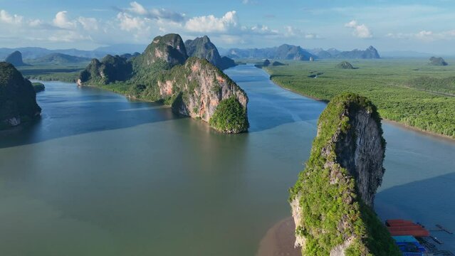 Aerial view of floating fishing village at Koh Panyee, famous destination in Phang Nga Bay, Thailand, floating muslim fishing village in Thailand