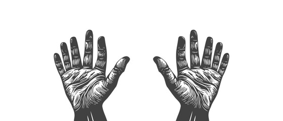 Vector monochrome wrinkled palms with six fingers raised up on a white isolated background.