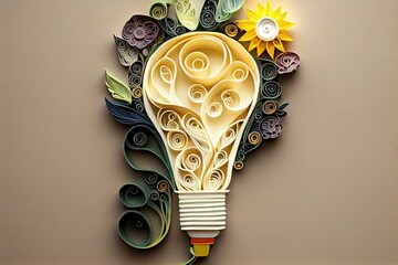 Green Energy - light bulb with plant - paper quilling - generative AI