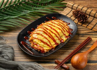 Tomato Sauce Omelet Rice served in bowl isolated on table top view of taiwan food