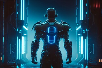 Fototapeta na wymiar Sci-Fi Backdrop Illuminated by Blue Neon Light, Featuring Humanoid Robot Figures Standing with Their Backs Turned