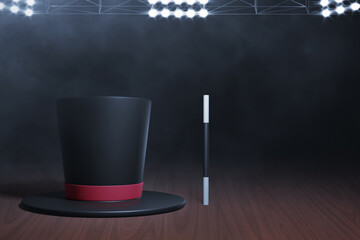 Top hat magic wand on stage 3d illustration