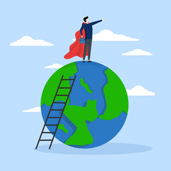 The world's male leader, entrepreneur hero on planet earth pointing direction. gentleman or CEO to lead an international company, super hero man to show direction for future success concept.