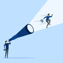 Mission or career path concept, businessman looking through telescope sees himself running to reach goal. strong vision to drive business success, ambition to set direction and achieve goals.