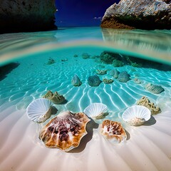 seashells from the sea beneath crystal clear waters in the caribbean GENERATIVE AI