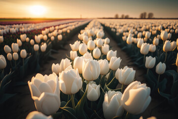 Vast and beautiful golden hour tulip field, Generative AI
