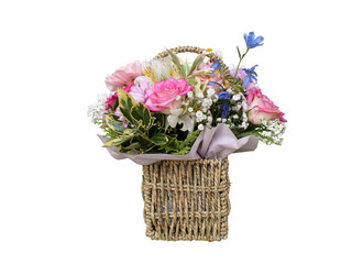 A basket of flowers on a white background.