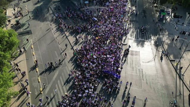 Aerial view March 8th Women's Day march, on Paseo de la Reforma, Mexico City, International Women's Day,