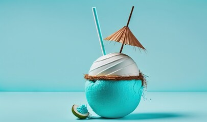  a blue and white coconut drink with a straw umbrella and a lime slice on a blue background with a shadow of a coconut and a straw umbrella.  generative ai