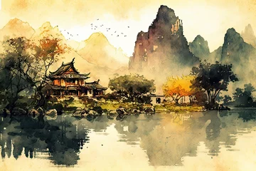 Cercles muraux Beige Chinese ink landscape painting created digitally Japan traditional  ink illustration background