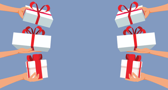 Hands Holding Gifts in Vector Template Background Design. People of one family giving each other presents on holiday season 
