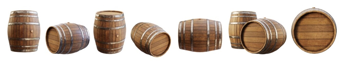 Wooden barrel, view from different angles, isolated on transparent background. Clipping path indluded. 3D render. - 579618795