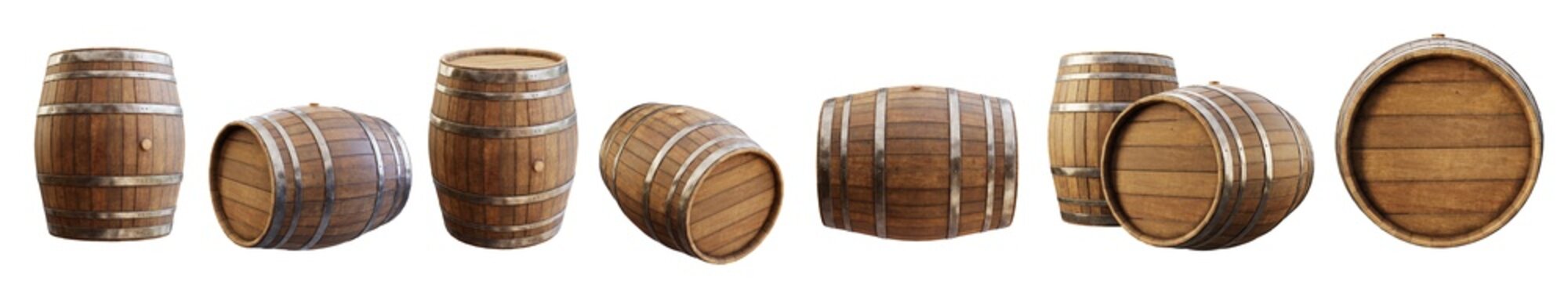 Wooden barrel, view from different angles, isolated on transparent background. Clipping path indluded. 3D render.