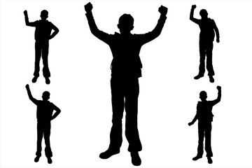 The guy raises his hand, hands up. Fight. Hit. Fighter. The teenager rejoices, raising his hands high. Achieve success. Teenage sports, competitions. Side view. Black silhouette isolated on white