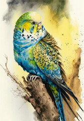 Parrot bird forest on a branch watercolor illustration for bird