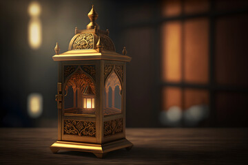 Arabian or Moroccan bronze lantern with Islamic patterns on dark background. Eid Mubarak or Ramadan Kareem concept. Created with generative AI technology
