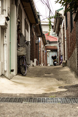 An old alley going up the hill, old neighborhood, Uidong, South Korea