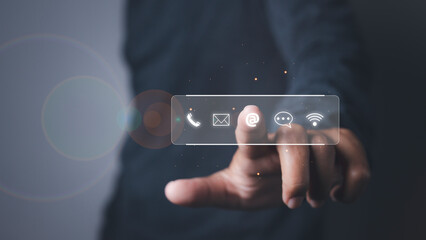 CONTACT US, Man using phone support hotline people connect customer service.