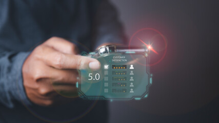 Man using phone giving high score with five star icon and excellent satisfaction service.
