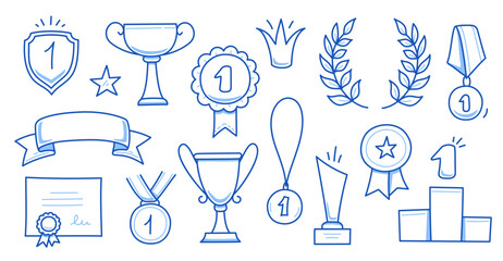 Award doodle hand drawn trophy set. Winner award cup, champion medal, win certificate. Hand drawn doodle sketch style champion, victory, success elements. Vector illustration