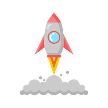 Cute spaceship rocket launch take-off with fire smoke cartoon icon flat vector design
