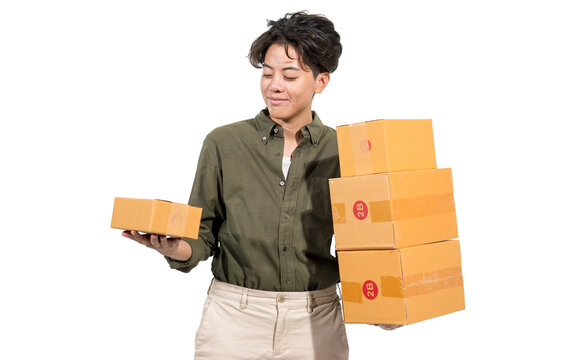 Small business owners, Portrait of a handsome good looking tomboy holding boxes packing orders in boxes and carry them to delivery company