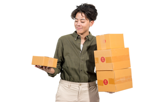 Small business owners, Portrait of a handsome good looking tomboy holding boxes packing orders in boxes and carry them to delivery company