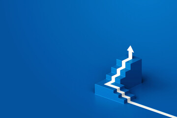 White arrow up with blue stair on blue floor background, 3D arrow climbing up over a staircase , 3d stairs with arrow going upward, 3d rendering - obrazy, fototapety, plakaty