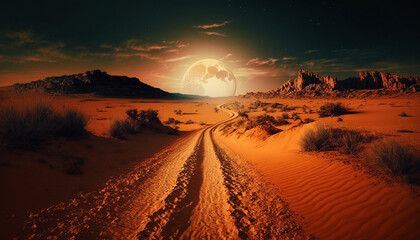 Fototapeta na wymiar Road parted by a sandy path to the moon