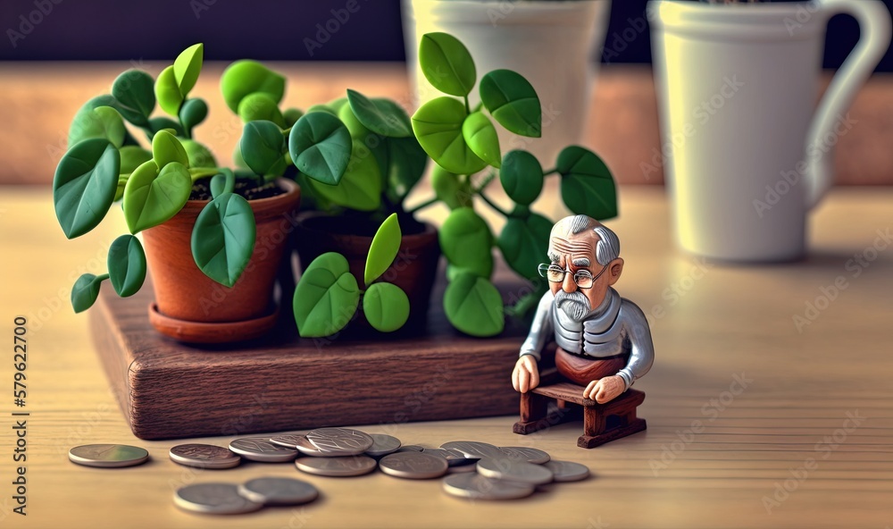 Wall mural  a small figurine sitting on a table next to a potted plant and a few coins on a table next to a mug.  generative ai